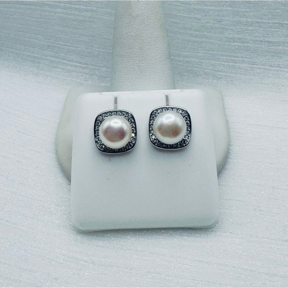 Pearl Stud Earrings with Square Setting