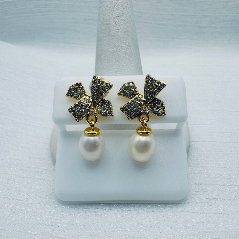 Pearl Bow Drop Stud Earrings