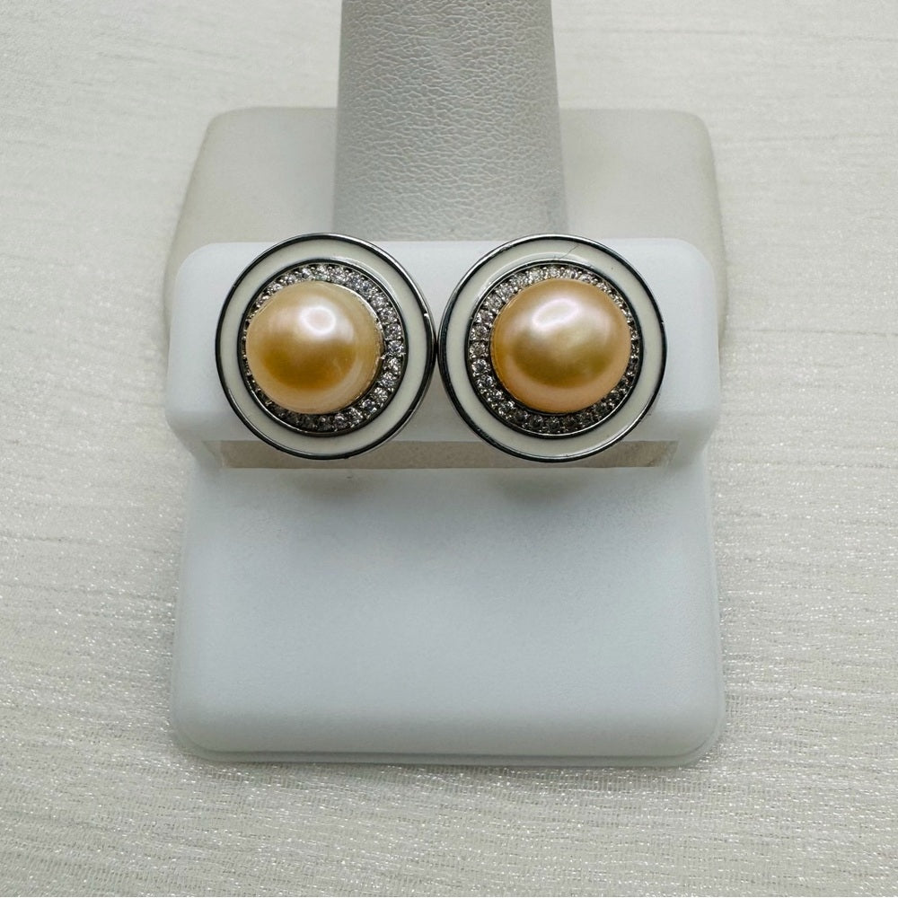 Pearl Stud Earrings with White Studded Setting
