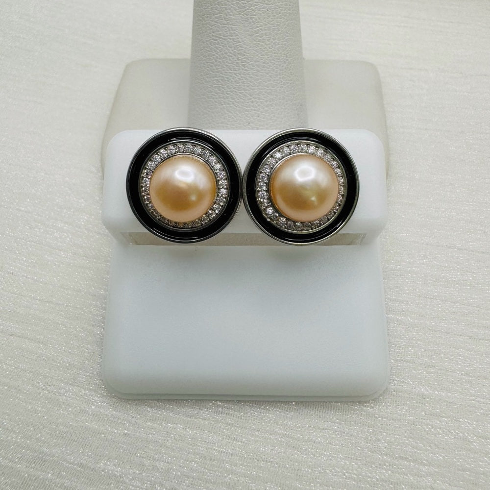 Pearl Stud Earrings with Black Studded Setting