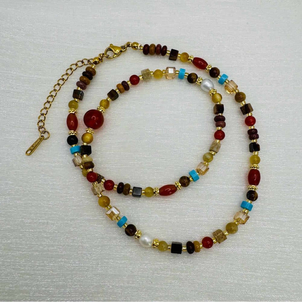 Carnelian, Yellow Cat Eye and Tigers Eye Mixed Gemstone Necklace