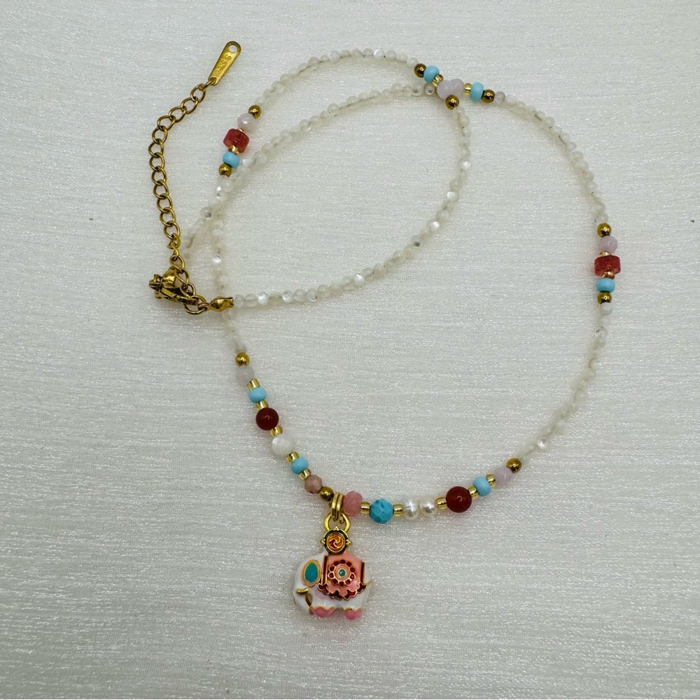 Mother of Pearl and Mixed Gemstone Elephant Necklace