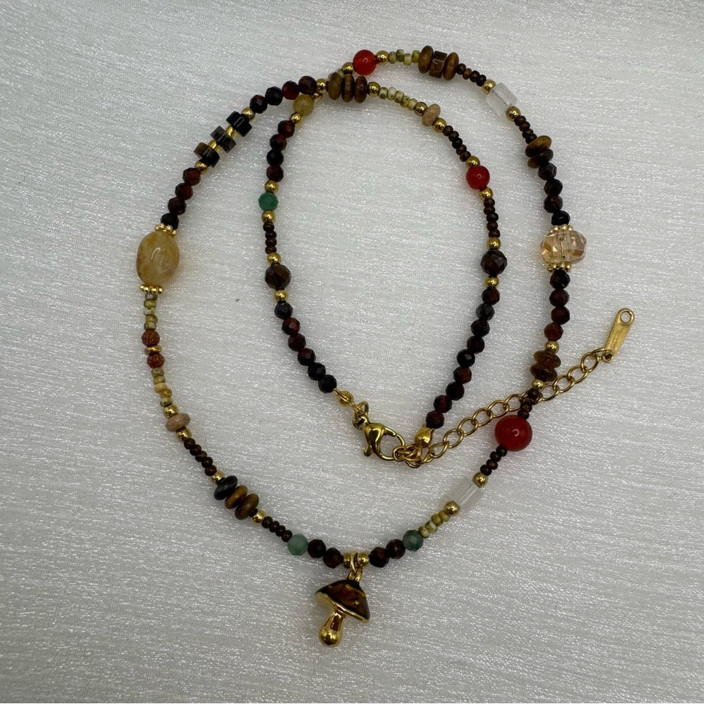 Mixed Natural Gemstone Mushroom Charm Necklace