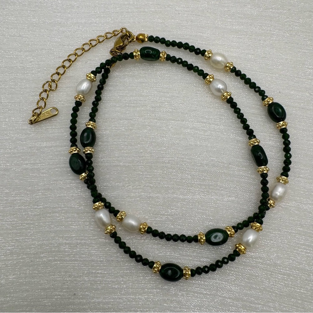 Green Sandstone & Freshwater Pearl Gemstone Necklace