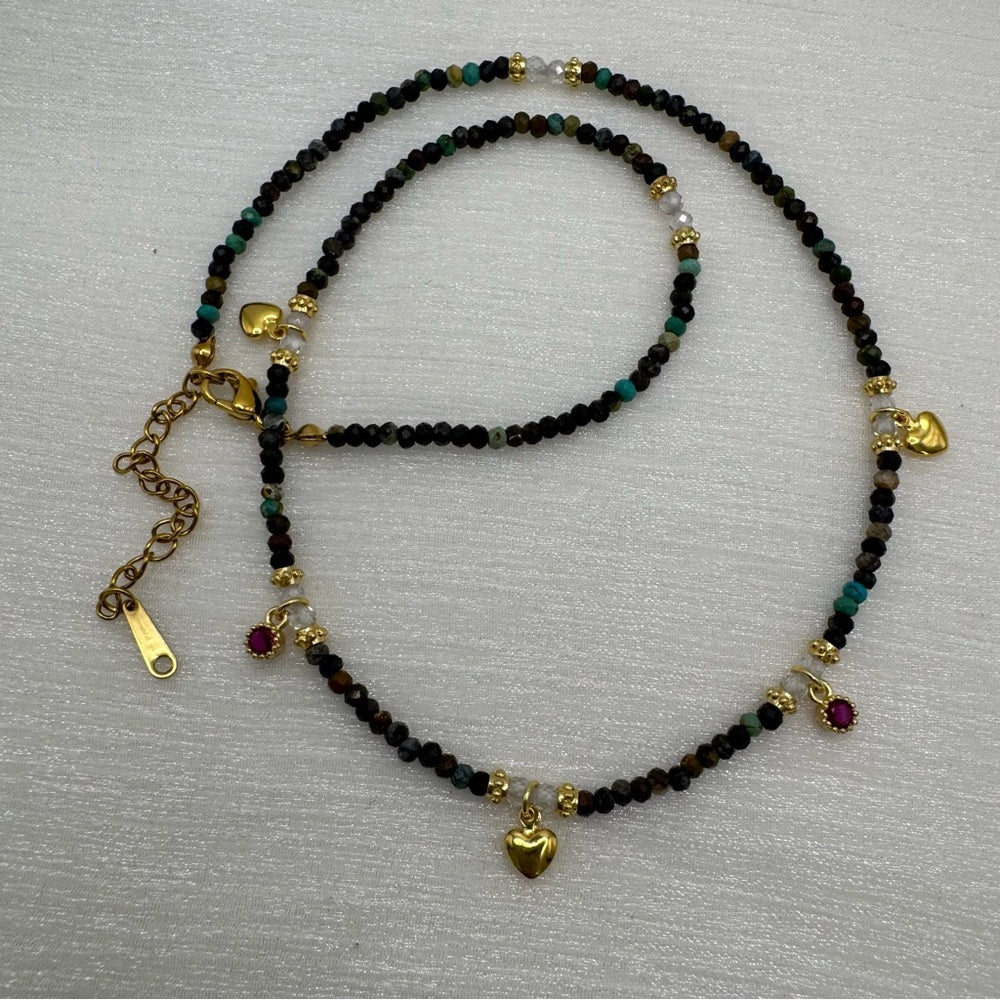 African Turquoise Mixed Gemstone Heart Necklace