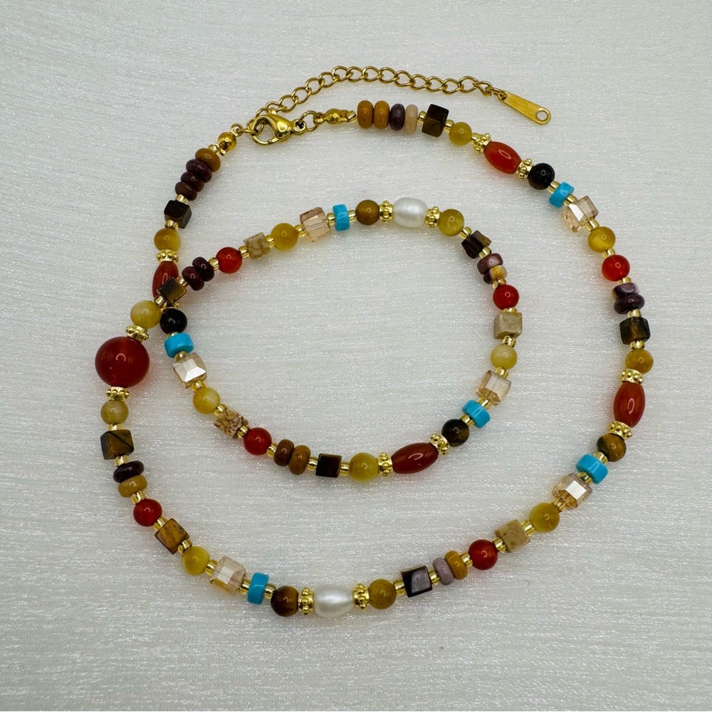 Carnelian, Mother of Pearl & Turquoise Gemstone Necklace