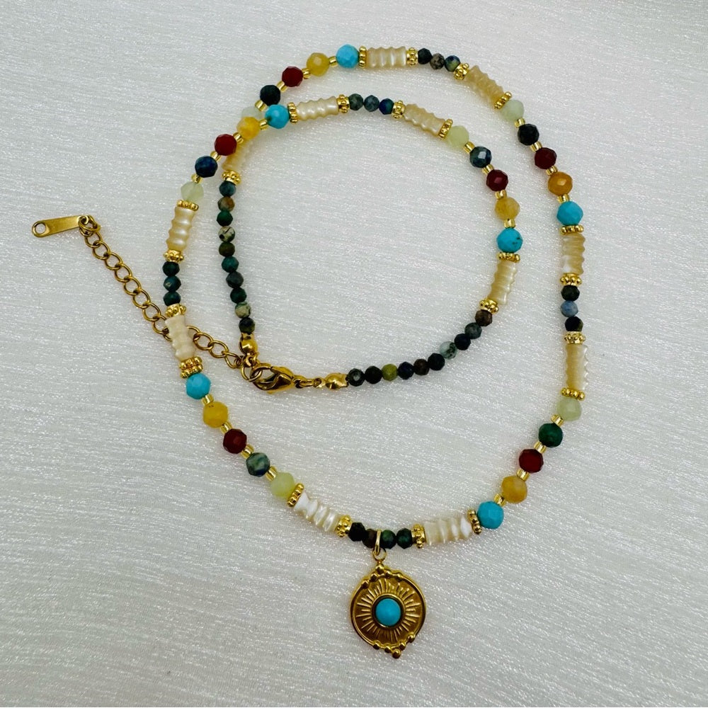 Mixed Gemstone and Mother of Pearl Gemstone Necklace
