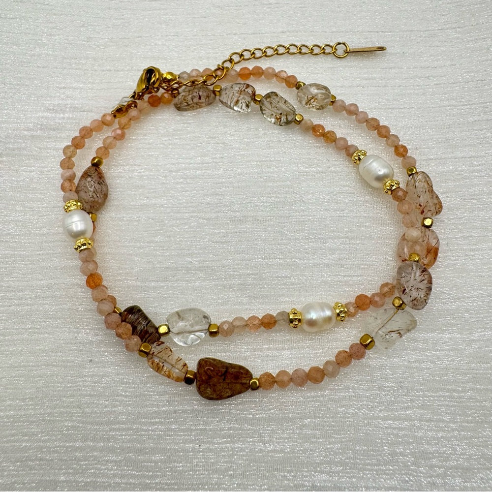 Rutilated Quartz, Sunstone, and Freshwater pearls Necklace