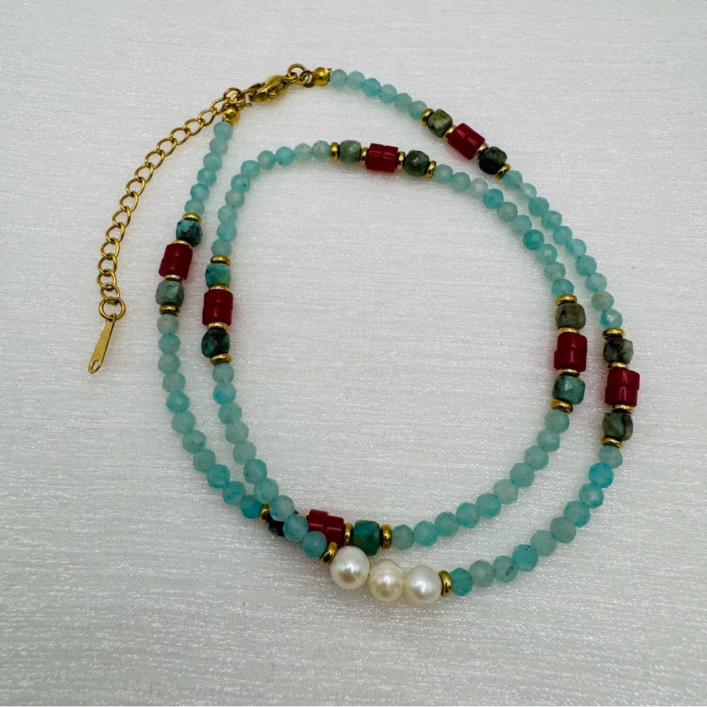 Aquamarine Turquoise and Freshwater Pearl Necklace