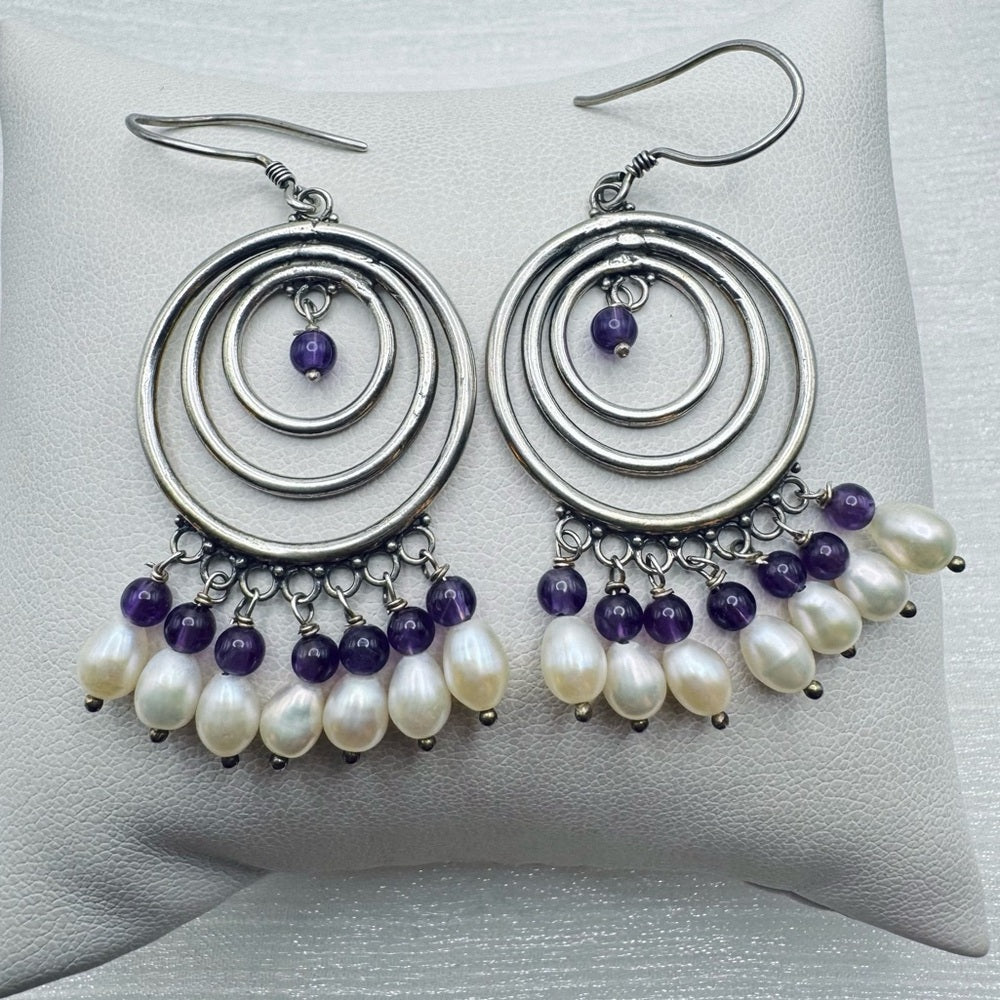 S925 Freshwater Pearl and Amethyst Gemstone Dangle Earrings