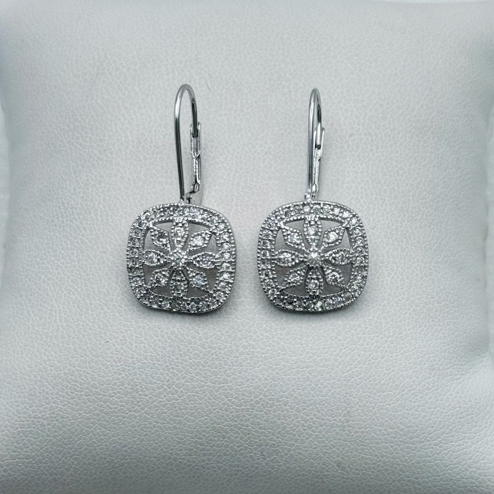 S925 CZ Framed Flower Dangle Earrings