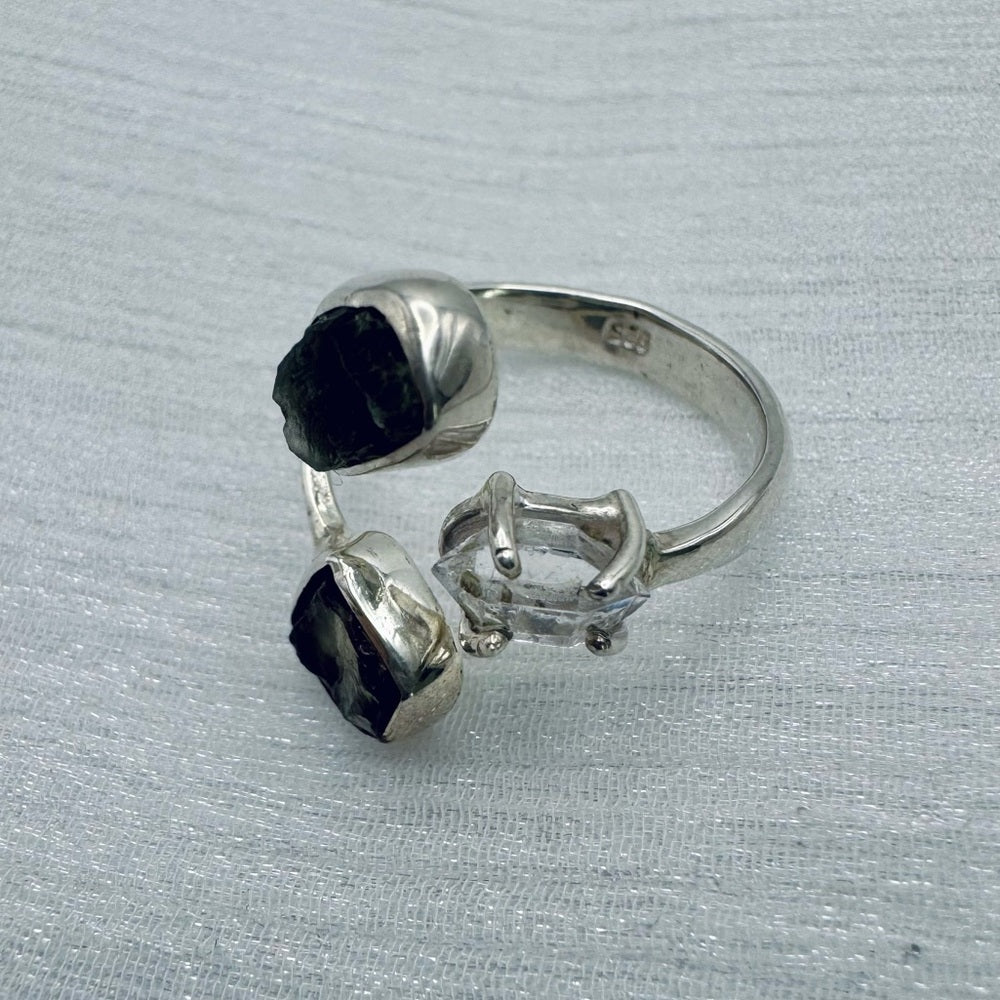 S925 Moldavite and Herkimer Quartz Ring