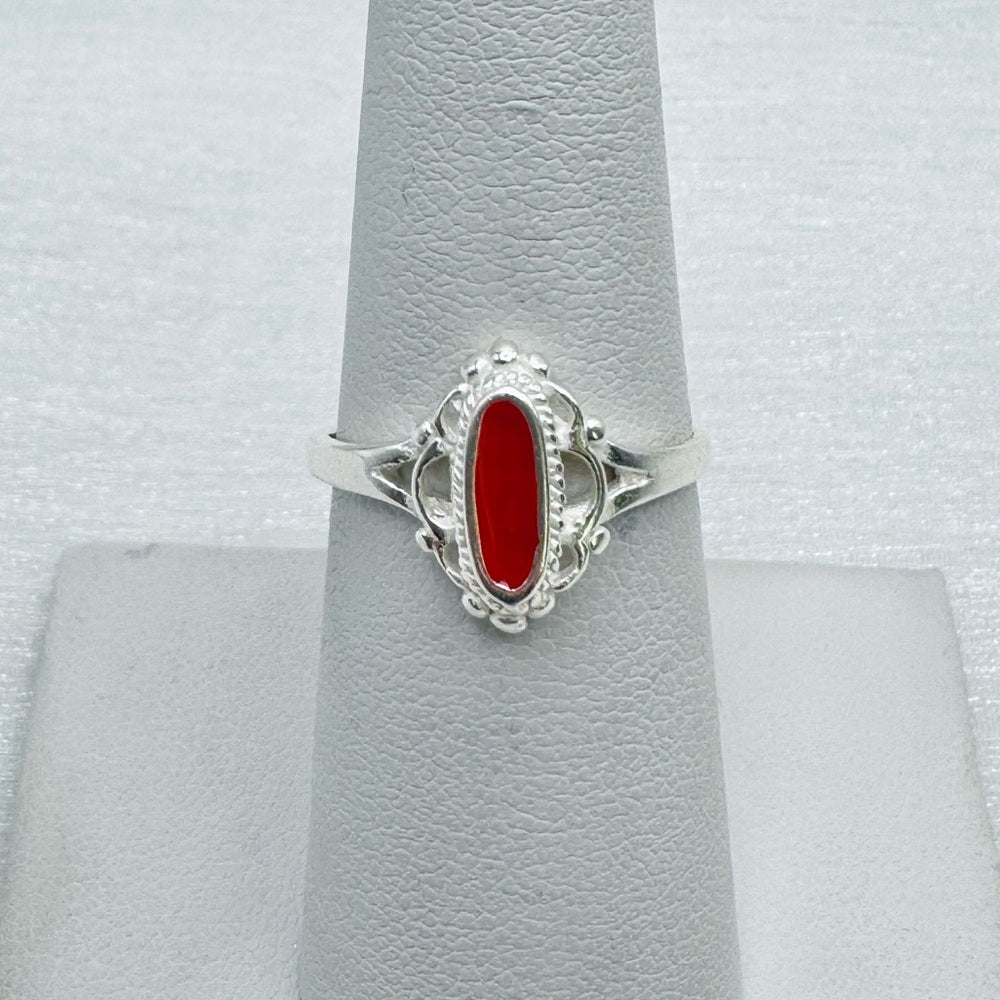 S925 Red Elongated Oval Filagree Ring