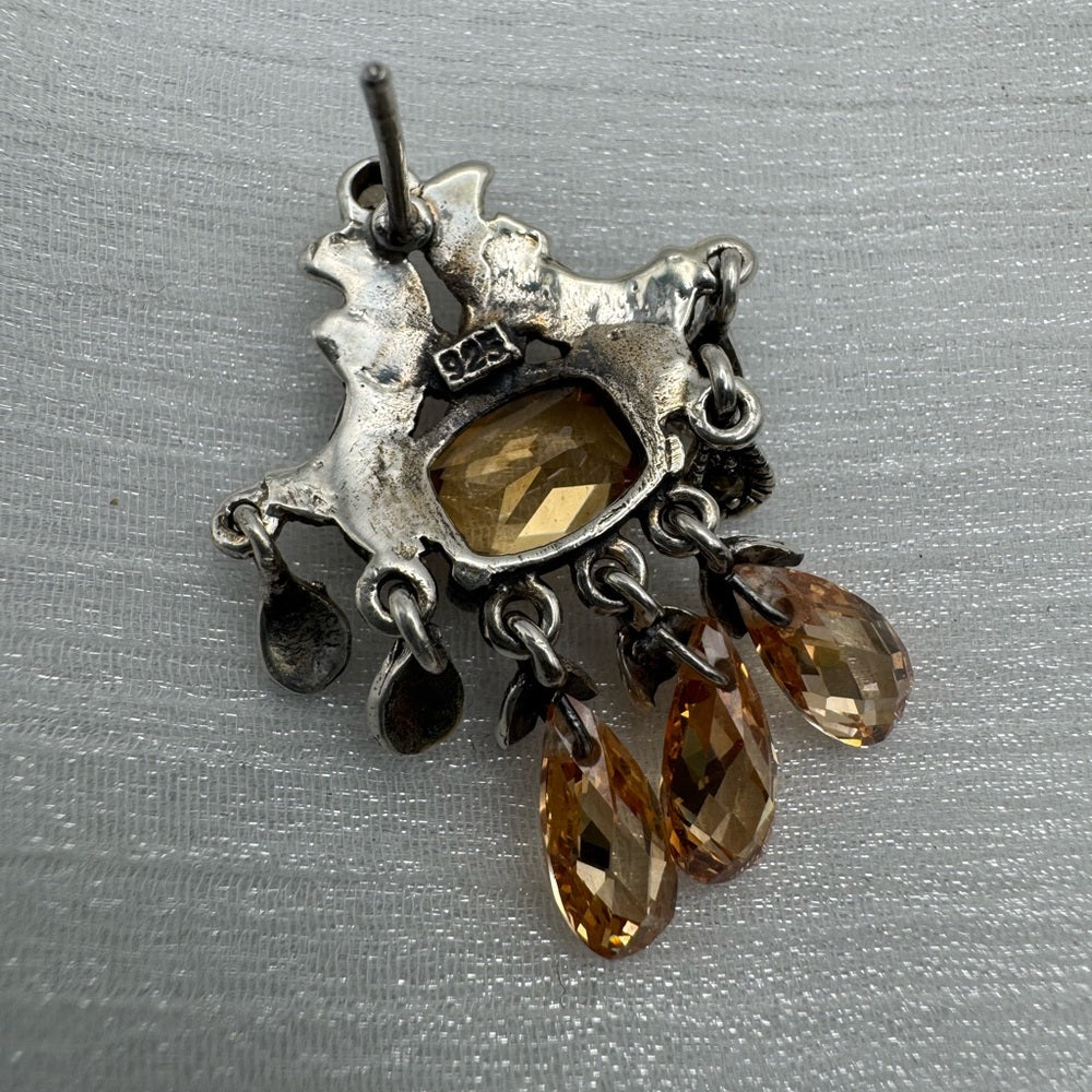 S925 Marcasite & Swarovski Peach Crystal Chandelier Dangle Earrings