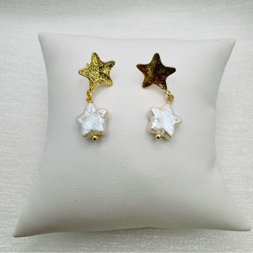 S925 Gold Plated Star Freshwater Pearl Dangle Earrings