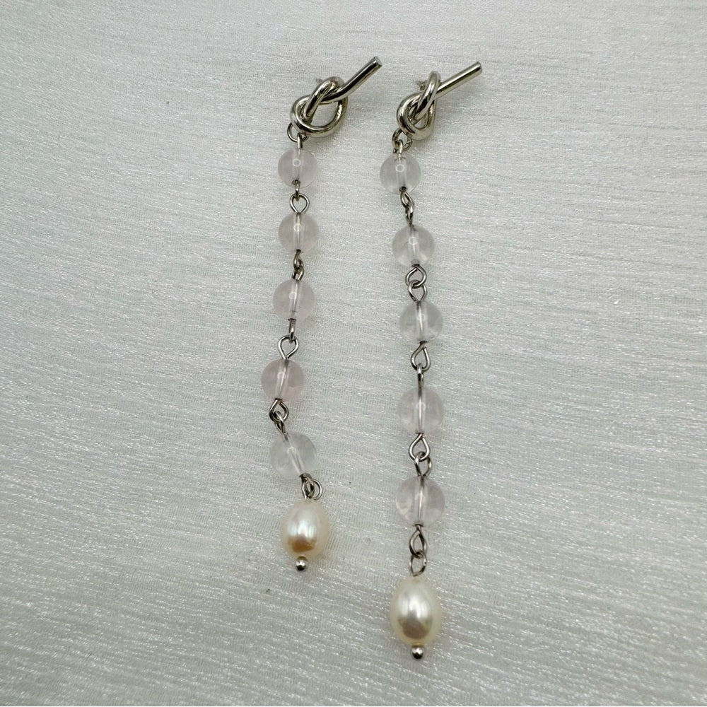 S925 Knot Dangle Rose Quartz & Pearl Earrings