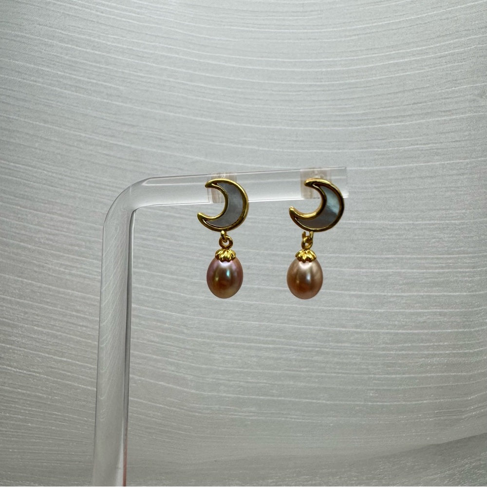 S925 Gold Plated Mother of Pearl Moons & Freshwater Pearl Dangle Earrings