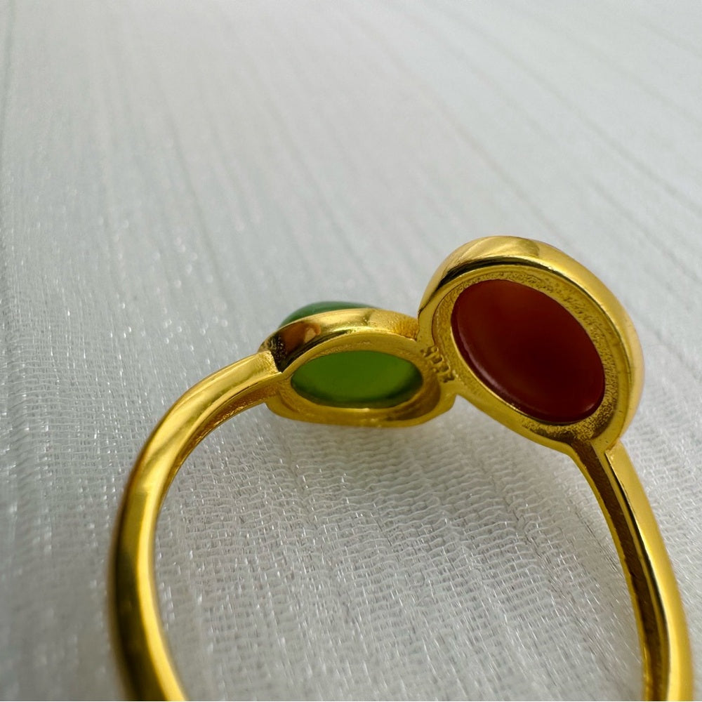 S925 Gold Plated Double Jade Adjustable Ring