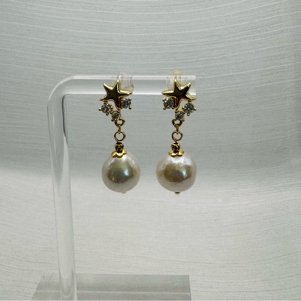 S925 Gold Plated Stars & Freshwater Pearl Dangle Earrings