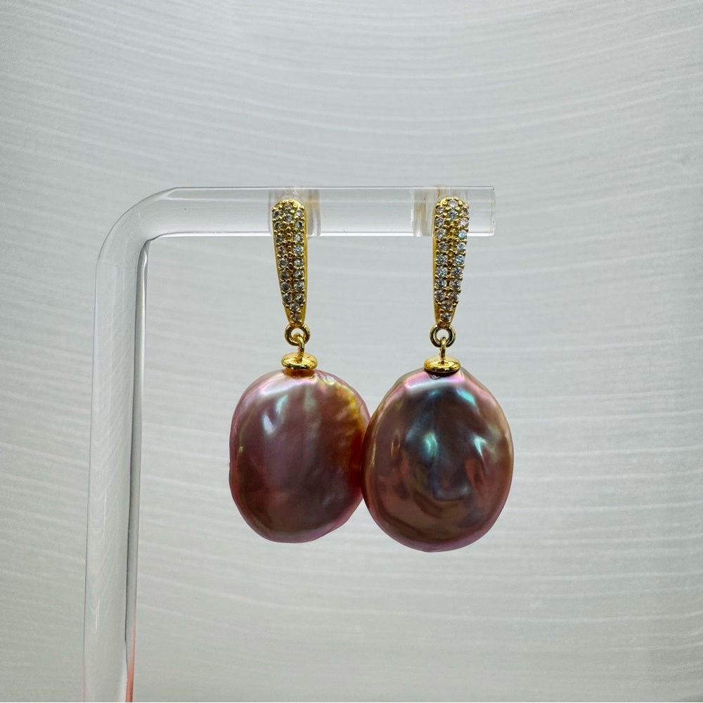 S925 Gold Plated Large Purple Freshwater Pearl Dangle Earrings