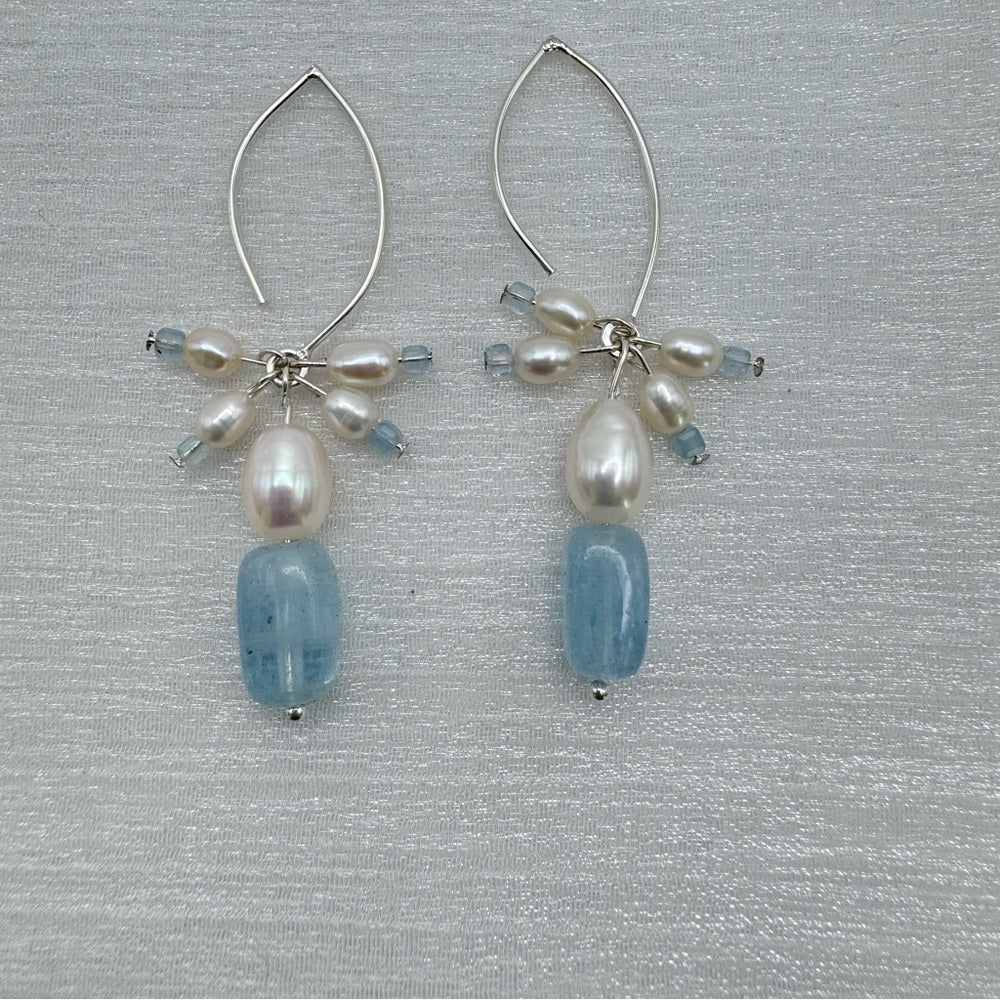 #1120 S925 Aquamarine & Freshwater Pearl Dangle Earrings