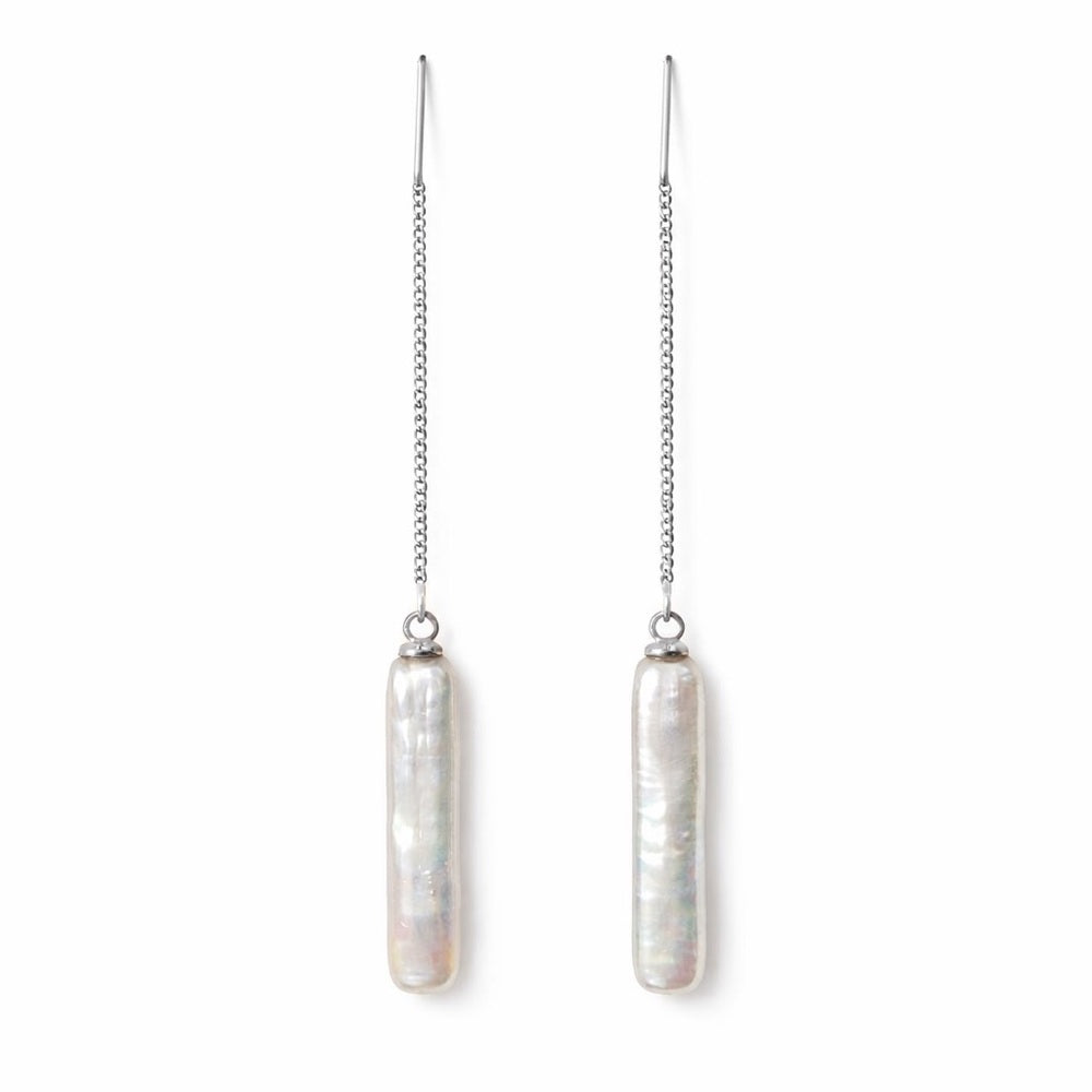 Silver Chopstick Pearl Threader Earrings