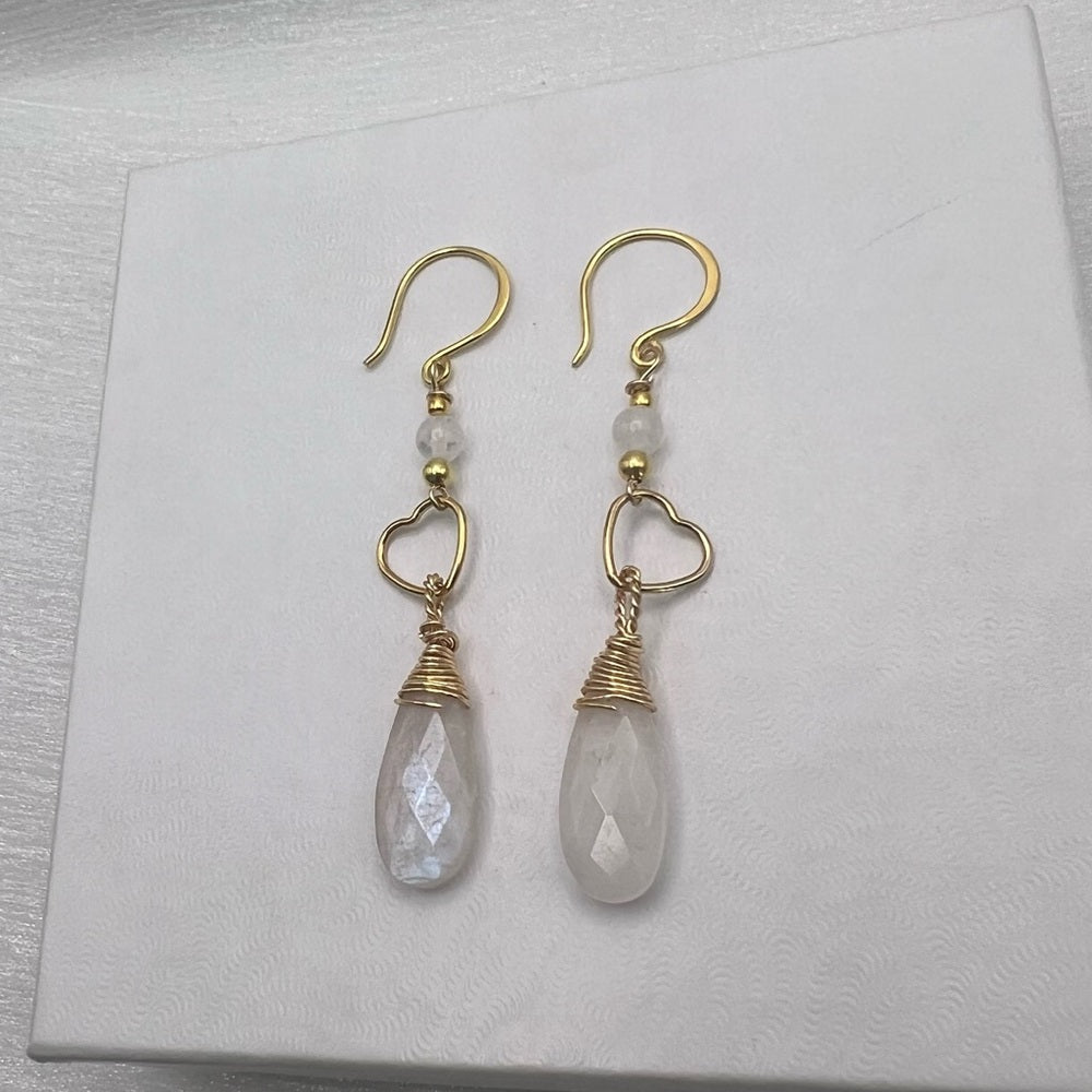 #1108 S925 Gold Heart & Moonstone Dangle Earrings