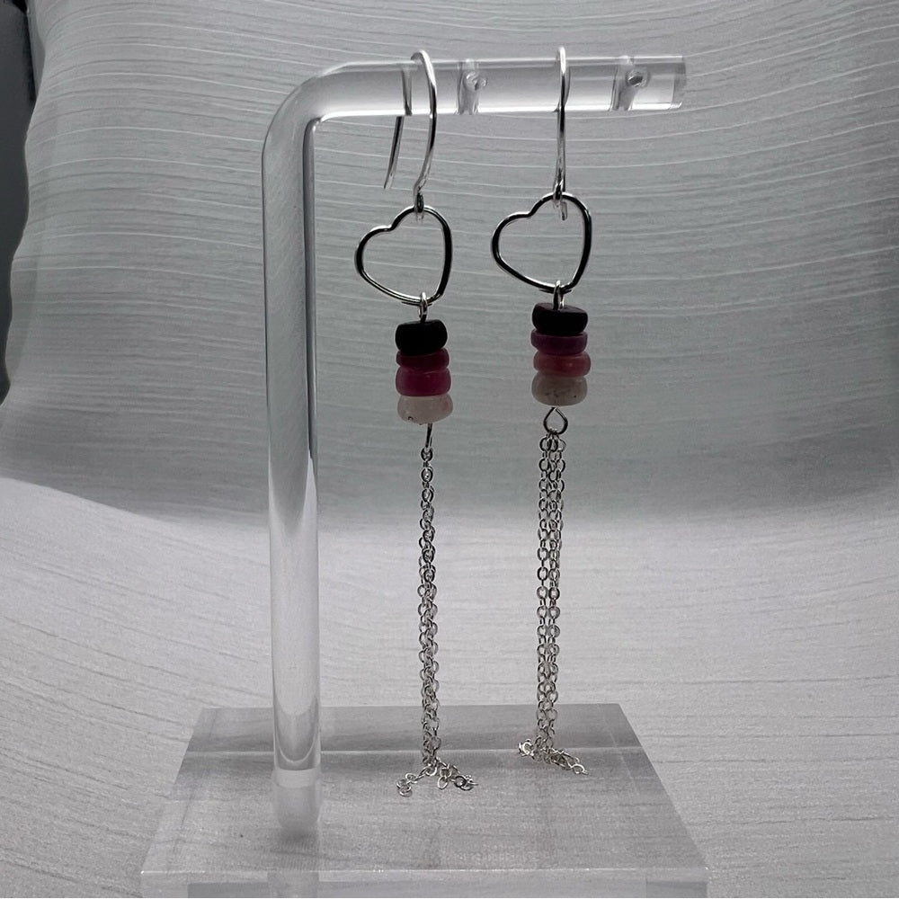 #1126 S925 Pink Tourmaline Heart Tassel Dangle Earrings