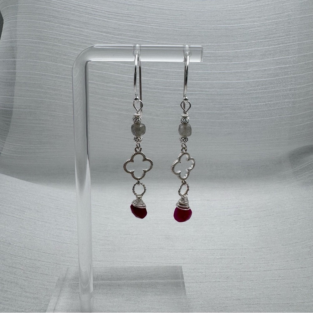 #923 S925 Ruby & Labradorite Clover Dangle Earrings