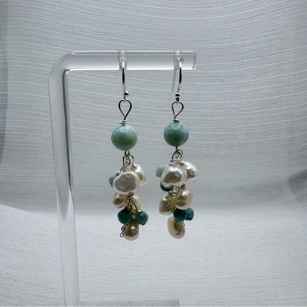 #1060 S925 Larimar & Freshwater Pearl Dangle Earrings