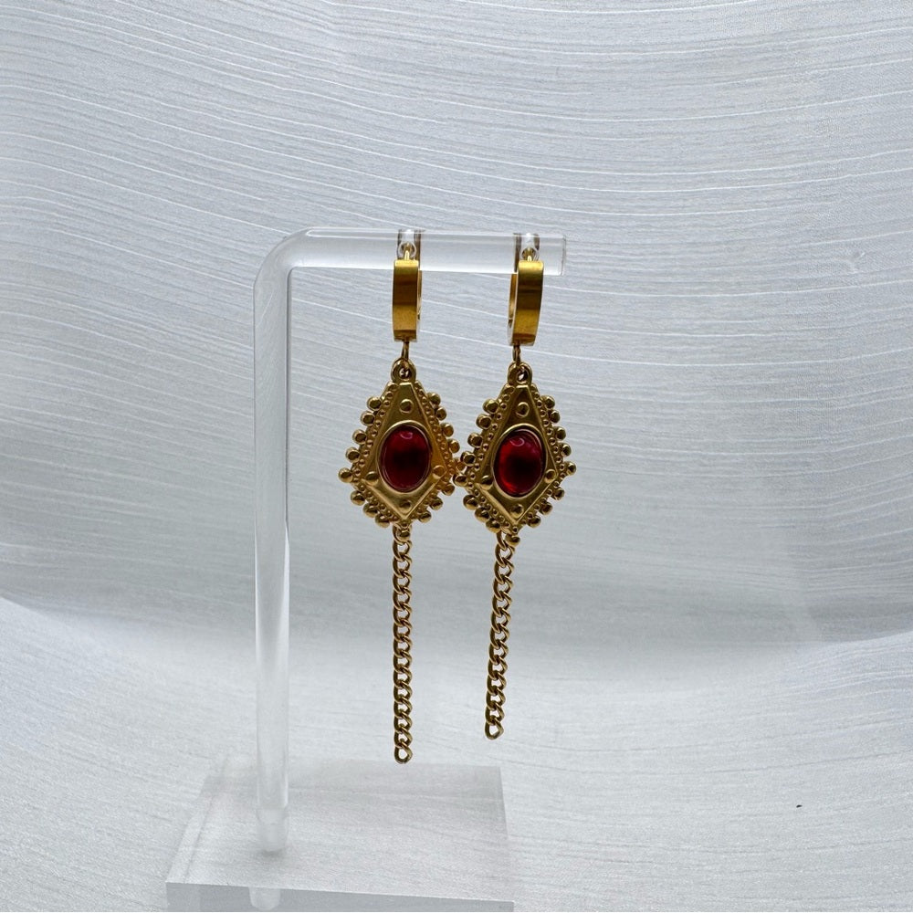 Red Chalcedony Dangle Chain Earrings