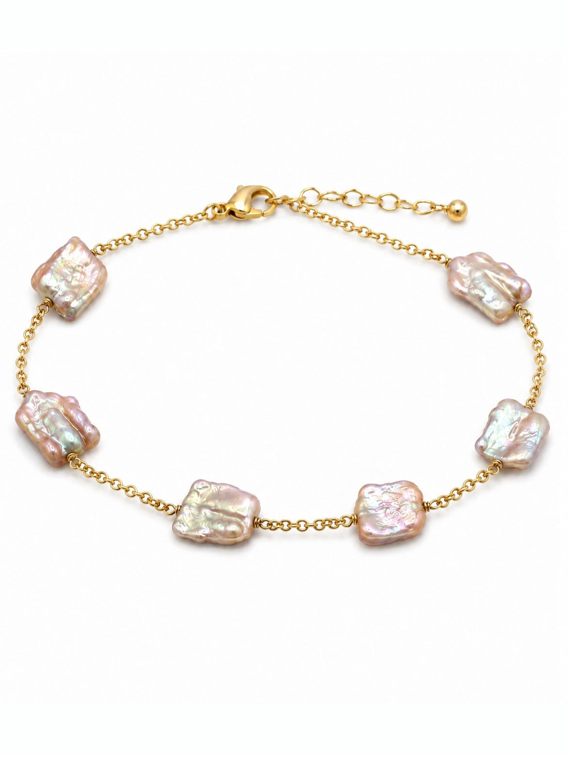 Baroque freshwater pearl bracelet on gold chain, white background