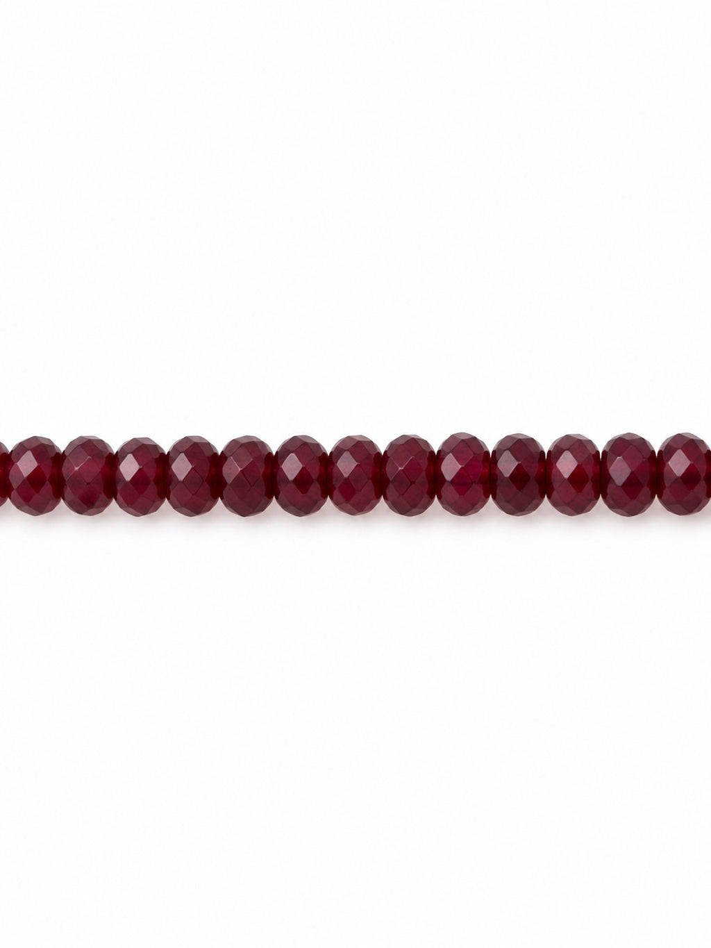 Burgundy handblown glass faceted beads on white background