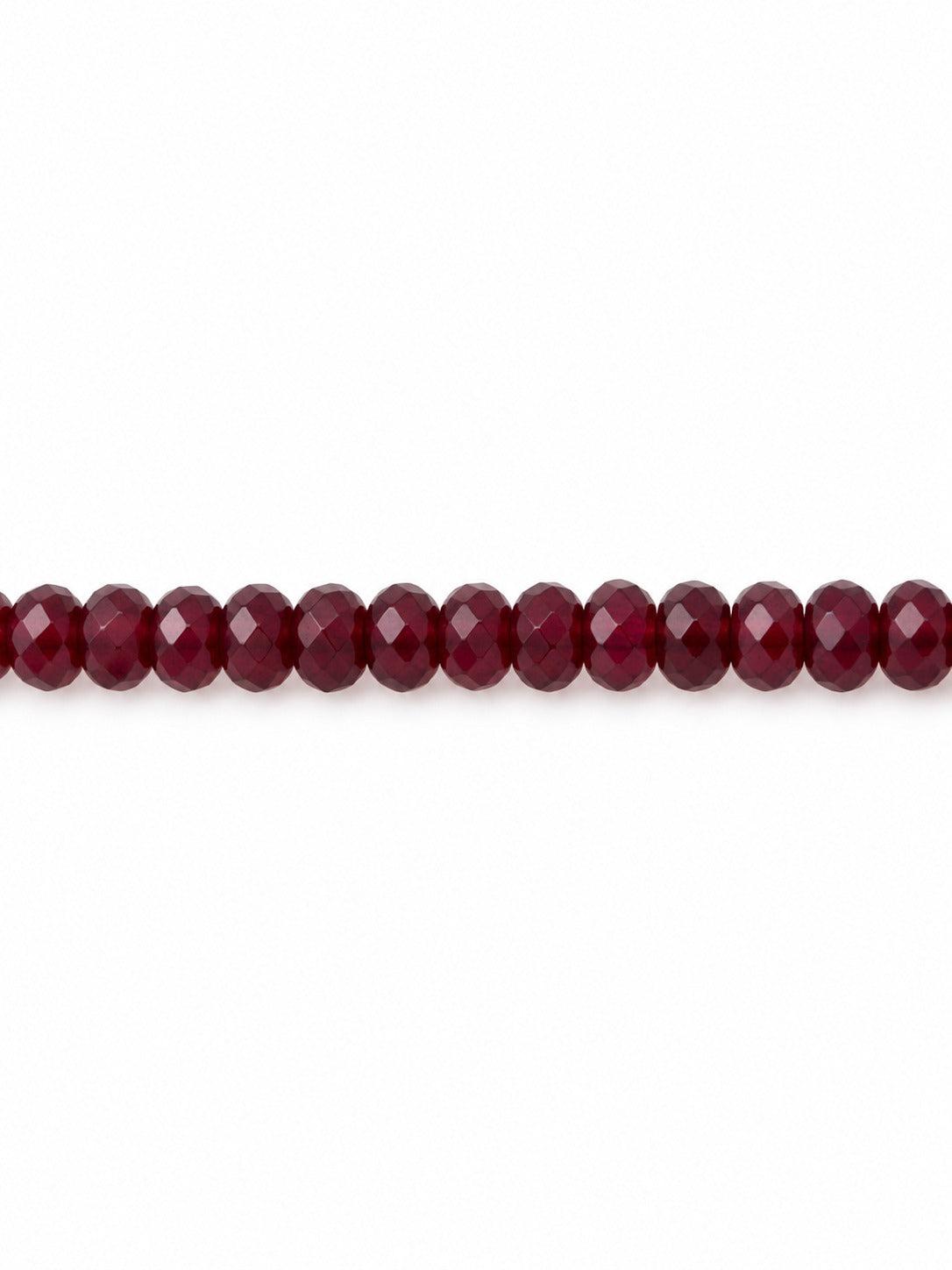Burgundy handblown glass faceted beads on white background