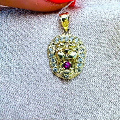 10k Solid Gold Pavé Lion w Ruby Pendant