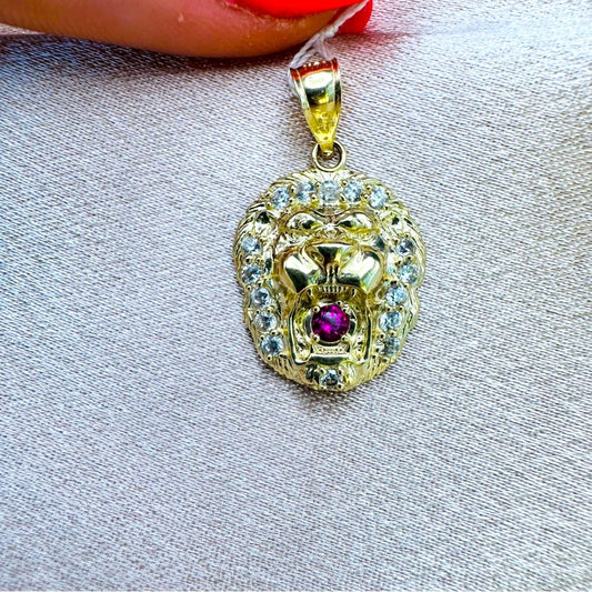10k Solid Gold Pavé Lion w Ruby Pendant