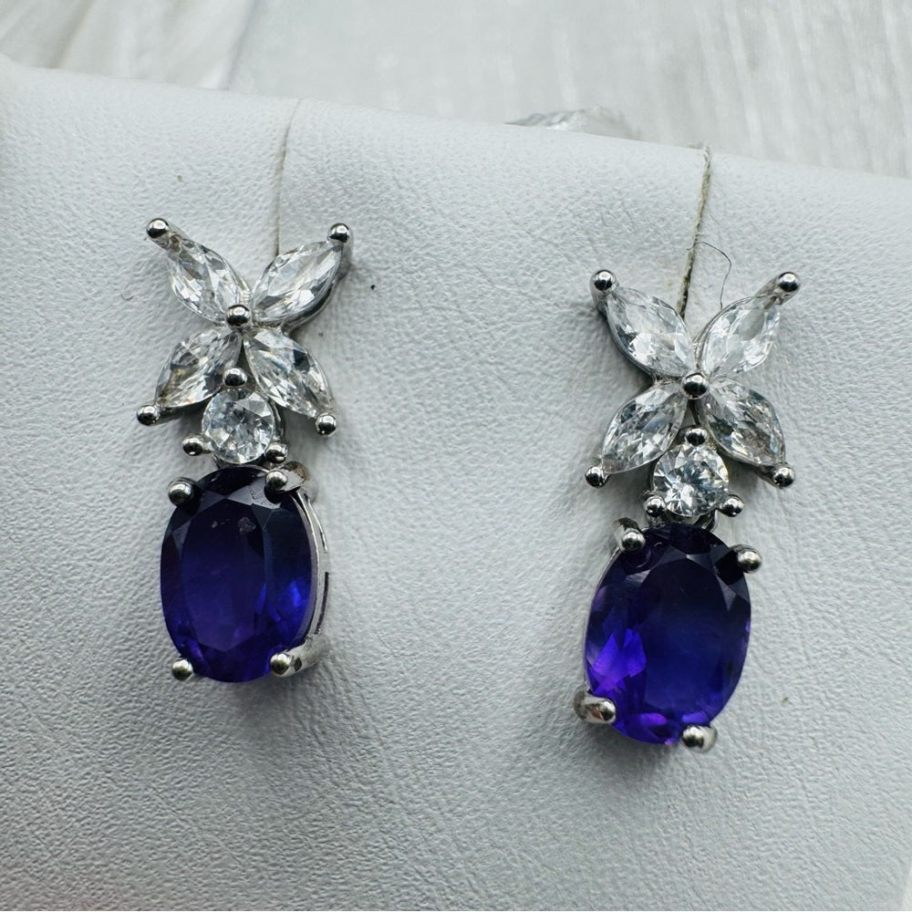 Oval Amethyst With Crystal Flower S925 Sterling Silver Earrings