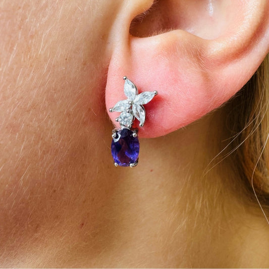 Oval Amethyst With Crystal Flower S925 Sterling Silver Earrings