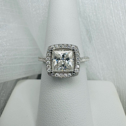 4.13 CT Moissanite Diamond Princess Cut w Pavé Halo & Band
