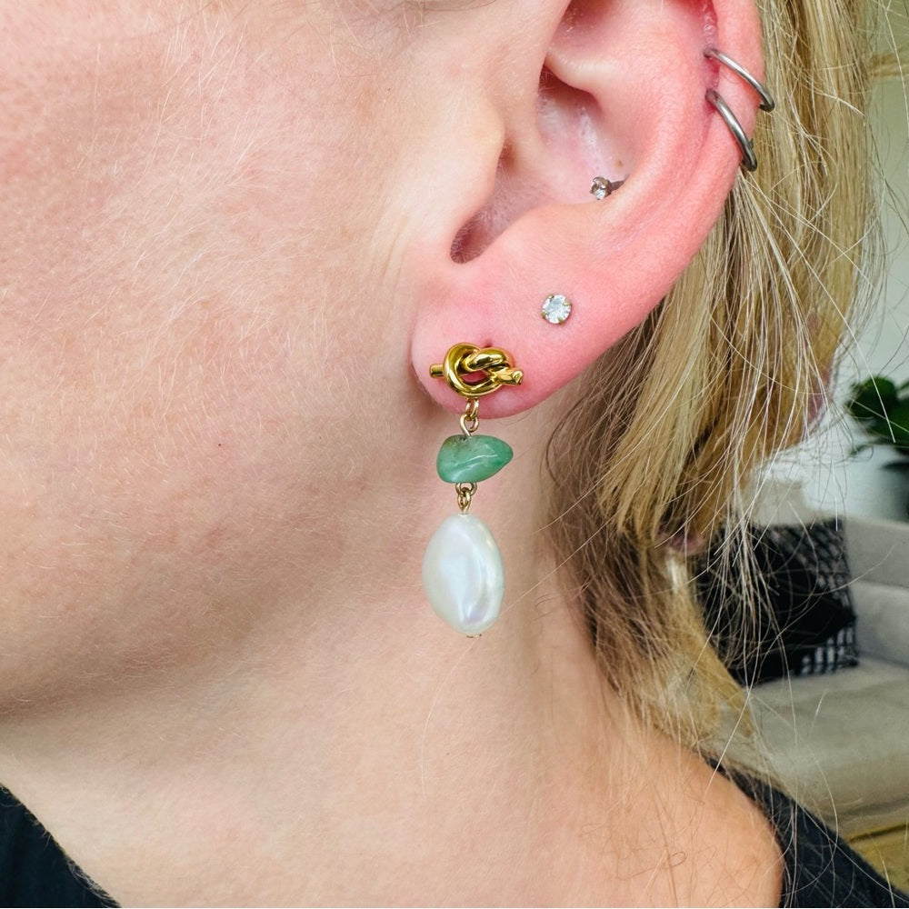 Jade & Freshwater Pearl Knot Earrings