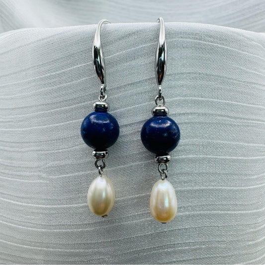 Freshwater Pearl & Lapis Dangles (high quality)