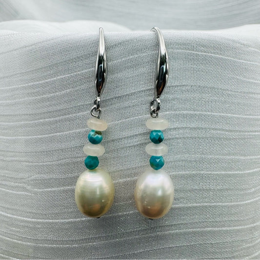 Freshwater Pearl, Rose Quartz & Turquoise Dangles