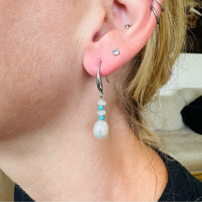 Freshwater Pearl, Rose Quartz & Turquoise Dangles