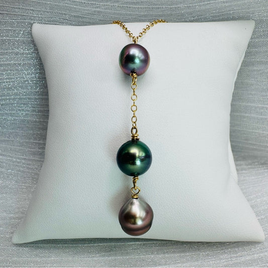 18k Gold Triple Tahitian Pearl Drop Necklace
