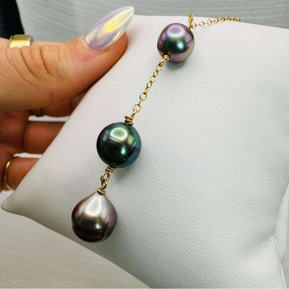 Gold Triple Tahitian Pearl Drop Necklace