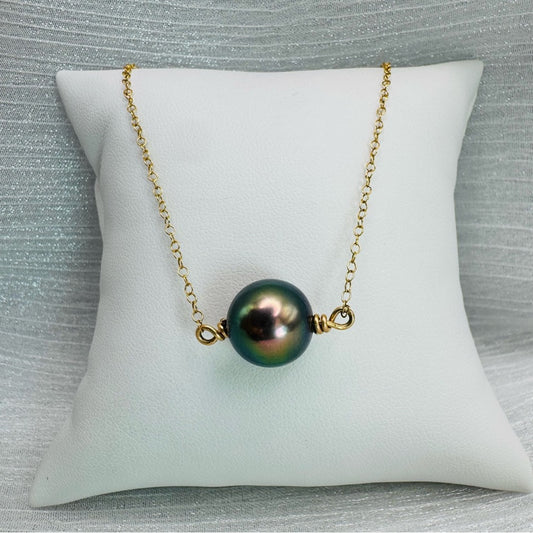 14kt Gold Tahitian Perfect Round Pearl Necklace AAA Quality