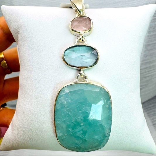 S925 Aquamarine, Blue Topaz & Rose Quartz Pendant