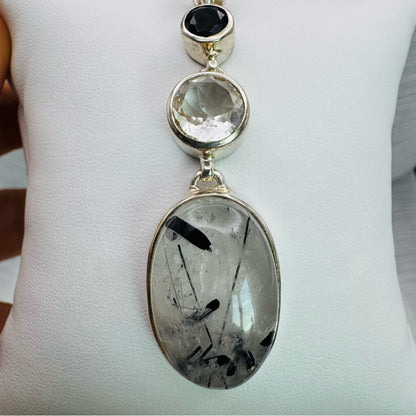 S925 Tourmaline Rutile Quartz, Clear Quartz, Black Spinel Pendant