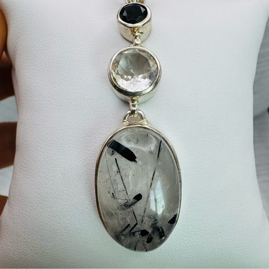 S925 Tourmaline Rutile Quartz, Clear Quartz, Black Spinel Pendant
