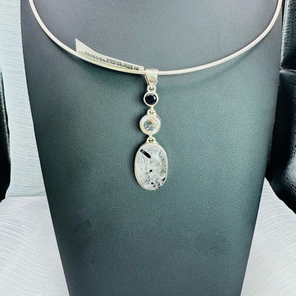 S925 Tourmaline Rutile Quartz, Clear Quartz, Black Spinel Pendant